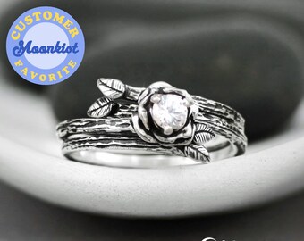 Nature Engagement Ring Set, Sterling Silver Rose Wedding Ring Set, Branch Ring, Moissanite Engagement Ring | Moonkist Designs