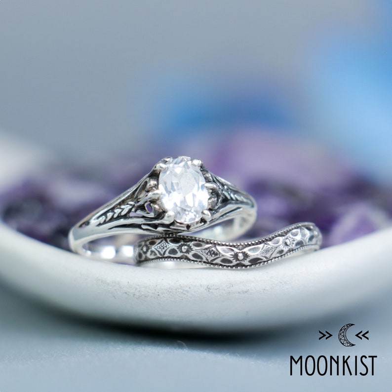 Oval White Sapphire Engagement Ring Set & Curved Wedding Band, Sterling Silver Art Deco Oval Wedding Ring Set | Moonkist Designs