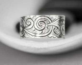 Antique Style Art Nouveau Wedding Band, Sterling Silver Wide Wedding Band, Wide Band Ring for Women | Moonkist Designs