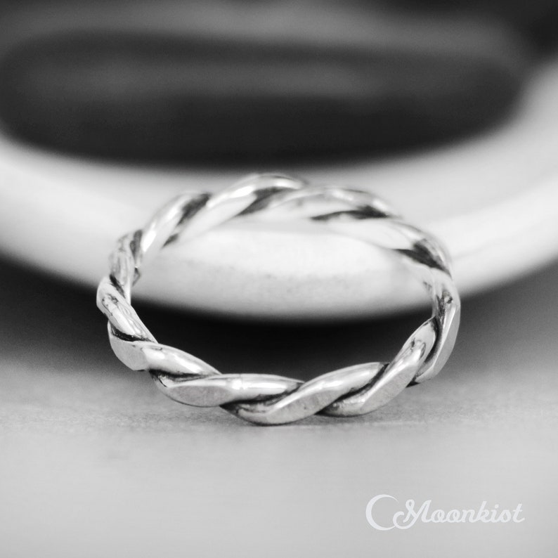 Hammered Silver Wedding Band, Silver Twist Ring, Sterling Silver Wedding Ring, Twist Rope Ring, His and Her Matching Ring | Moonkist Designs