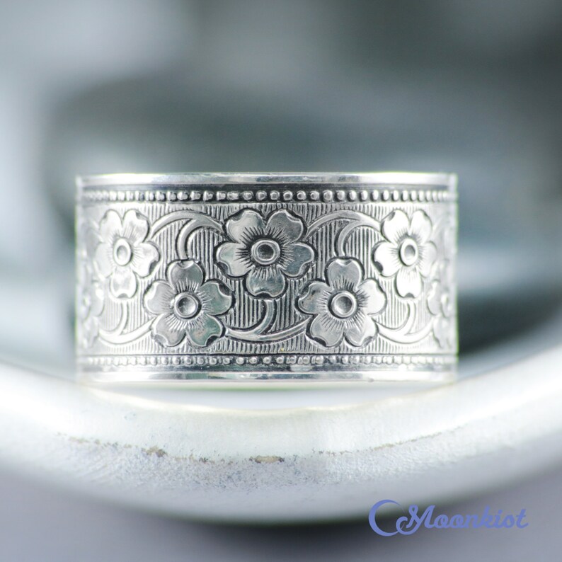Floral Wedding Ring Sterling Silver Cherry Blossom Ring Wide Etsy