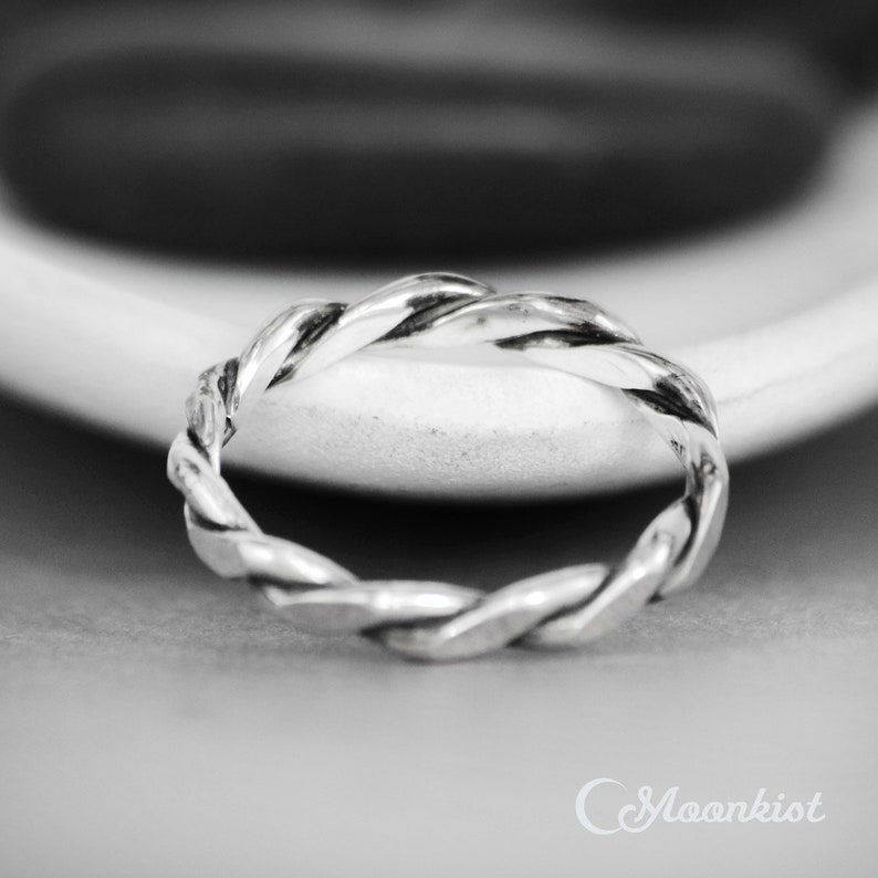 Hammered Silver Wedding Band, Silver Twist Ring, Sterling Silver Wedding Ring, Twist Rope Ring, His and Her Matching Ring | Moonkist Designs