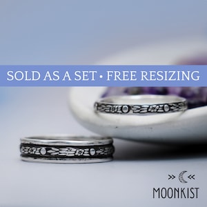 Falling Stars Matching Couples Rings, Sterling Silver Wedding Ring Set, His & Her Promise Rings, Silver Wedding Band Set | Moonkist Designs