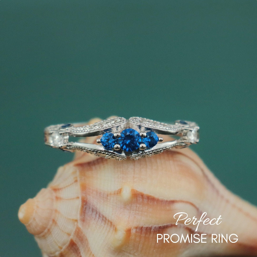 Antique Style Stone Ring, Sterling Silver Sapphire Blue Cz