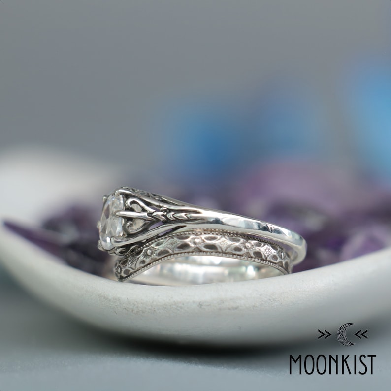 Oval White Sapphire Engagement Ring Set & Curved Wedding Band, Sterling Silver Art Deco Oval Wedding Ring Set | Moonkist Designs