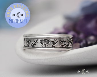 Silver Etched Wildflower Band Ring for Women, Flower Forever Ring, Sterling Silver Nature Botanical Wedding Band | Moonkist Designs