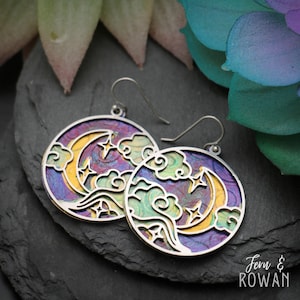 Crescent moon and clouds earrings, multicolor celestial earrings, starry night earrings, round moon and stars earrings | Moonkist Designs