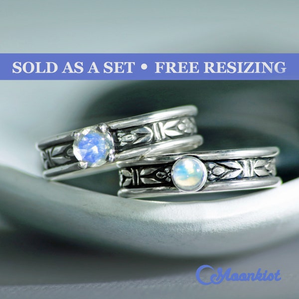 Moonstone Forget Me Not Couple Promise Rings, Sterling Silver Couples Rings | Moonkist Designs