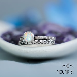 Opal Engagement Ring Set, Sterling Silver Opal Ring Set, Opal Solitaire Ring and Floral Band Ring, Opal Wedding Ring Set Moonkist Designs image 3