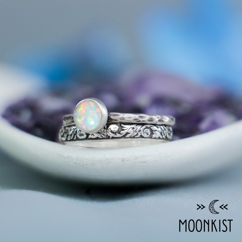 Opal Engagement Ring Set, Sterling Silver Opal Ring Set, Opal Solitaire Ring and Floral Band Ring, Opal Wedding Ring Set Moonkist Designs image 3