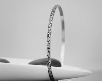 Patterned Silver Bangle Bracelet, Solid Sterling Silver Stacking Bangle, Floral Stacking Bracelet for Women | Moonkist Designs