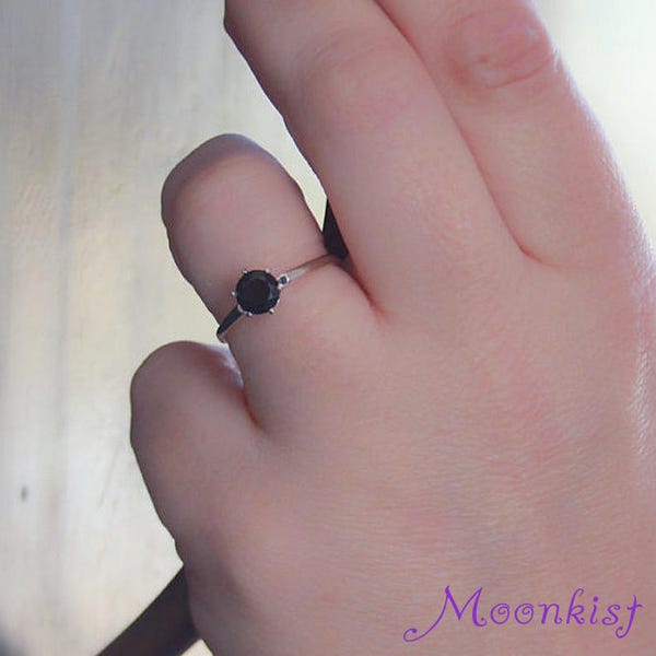 Black Spinel Solitaire Ring Sterling Silver Classic image 1