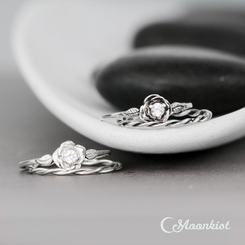 White Sapphire Rose Engagement Ring Set & Twist Vine Ring, Sterling Silver Nature Inspired Wedding Ring Set | Moonkist Designs