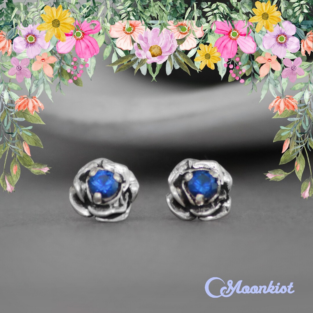 Blue Sapphire Flower Earrings Sterling Silver Sapphire Stud Etsy