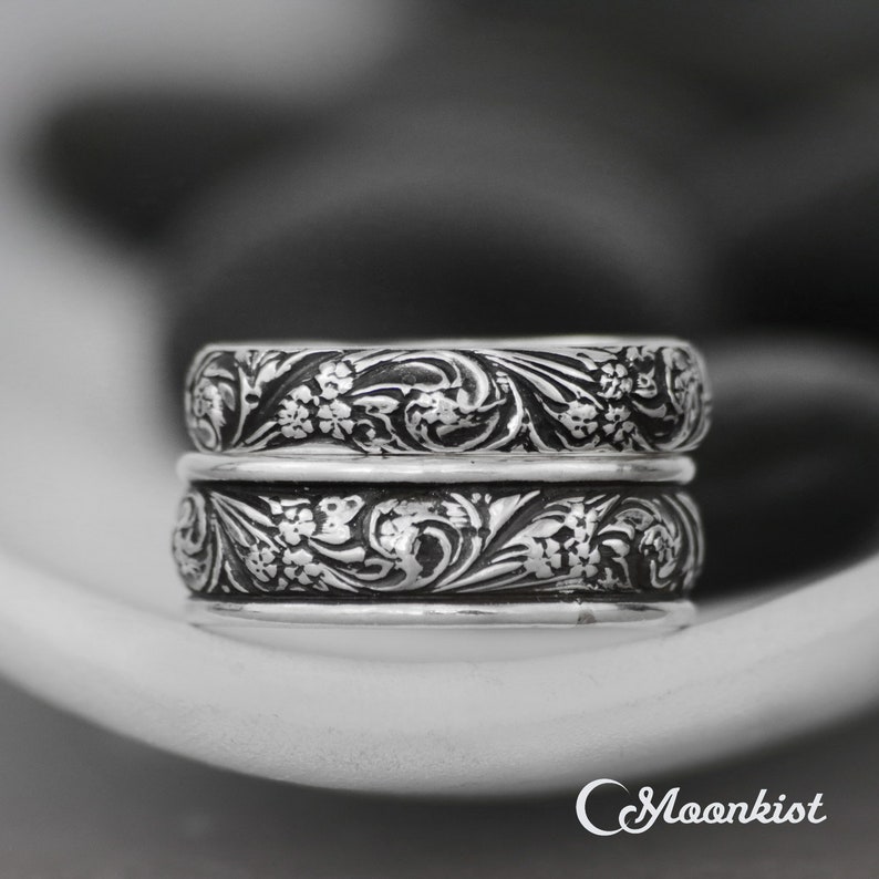 Wildflower Wedding Band Set Sterling Silver Wedding Set Etsy
