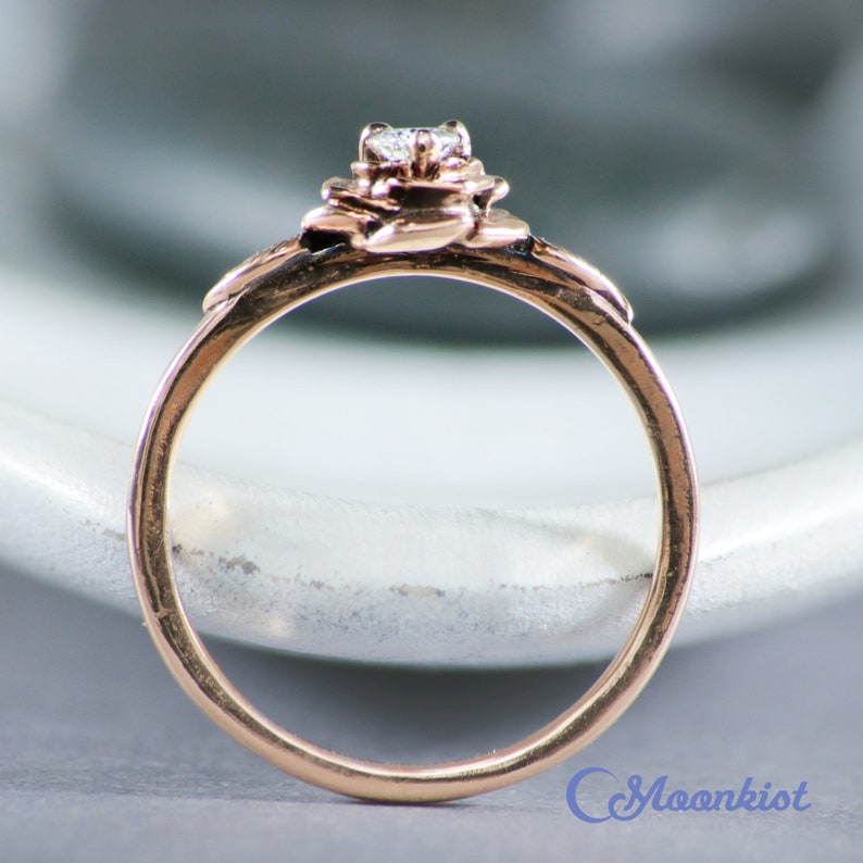 Rose Gold Engagement Ring Flower, 14K Rose Gold Diamond Engagement Ring, Rose Flower Engagement Ring