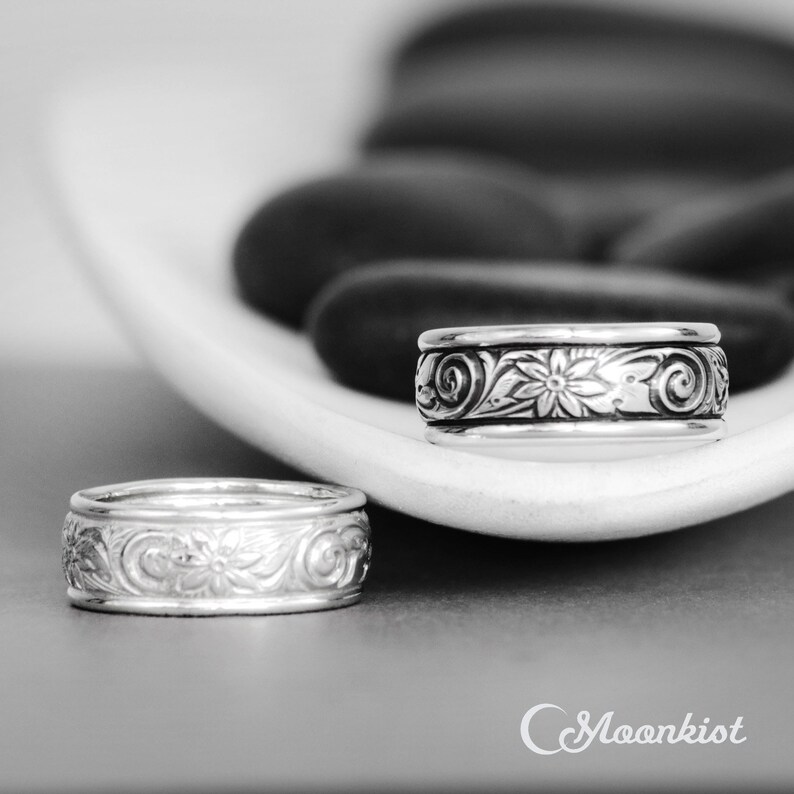 Spiral & Flower Wedding Ring Sterling Silver Wedding Band Etsy