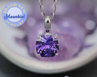 Square Purple Amethyst CZ Necklace for Women, 925 Sterling Silver Cushion Cut Pendant, Single Stone Necklace | Moonkist Designs