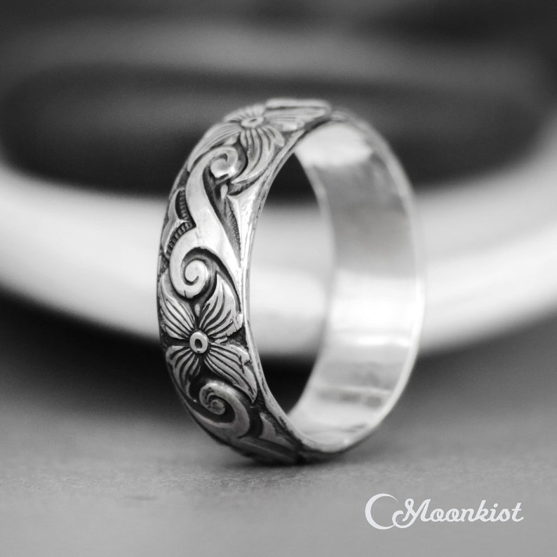 Scroll Wedding Band Sterling Silver Posy Ring Botanical - Etsy