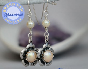 Pearl Flower Earrings, Sterling Silver Pearl Earrings, Vintage Style Pearl Blossom Earrings | Moonkist Designs