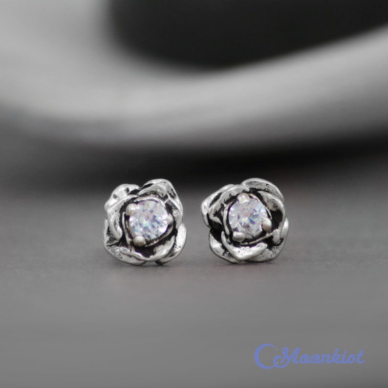 White Sapphire Stud Earrings Sterling Silver Flower Earrings - Etsy