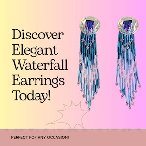 May include: A pair of elegant waterfall earrings. Each earring features a silver-toned circular top with a square of blue and purple accents. Long strands of blue and silver beads cascade downwards, creating a waterfall effect. The text reads "Discover Elegant Waterfall Earrings Today!"