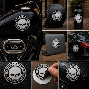 Pode incluir: Um autocolante circular em vinil com o logótipo de caveira da Harley-Davidson Motorcycles em branco sobre um fundo preto. O autocolante é mostrado aplicado num depósito de mota, capacete, garrafa, portátil e carro, com o suporte.