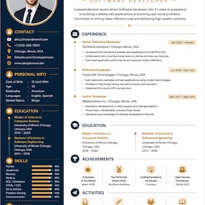 Może przedstawiać: Profesjonalne CV Alexa Johnsona, programisty. Dokument zawiera ciemnoniebieski pasek boczny z danymi kontaktowymi, umiejętnościami i hobby oraz białą sekcję główną szczegółowo opisującą doświadczenie zawodowe, wykształcenie i osiągnięcia.