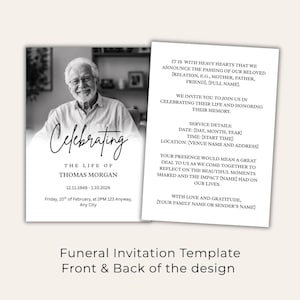 May include: A black and white funeral invitation template. The front features a photo of a smiling older man, with the words "Celebrating the Life of Thomas Morgan." The back includes text about the service details.