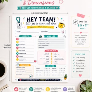 May include: A printable team introduction questionnaire template measuring 21.59 by 27.94 cm. The document features sections for name, birthday, favourites, work life, this or that choices, and yes or no questions, decorated with colourful icons.