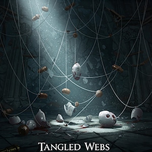 May include: An artistic digital illustration of a dark, gothic scene with a spider web. Broken, cracked white masks and brown objects hang from the web. The text "Tangled Webs" is at the bottom of the image.