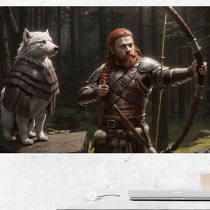 Warden of the Greenwood | Fantasy Ranger with Wolf Companion | Digital Wall Art