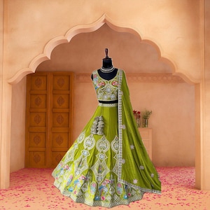Parrot Green Lehenga Choli for Wedding | Chinon Fabric with Sequence Thread Embroidery | Indian Bridal Party Wear Dress lehenga choli set