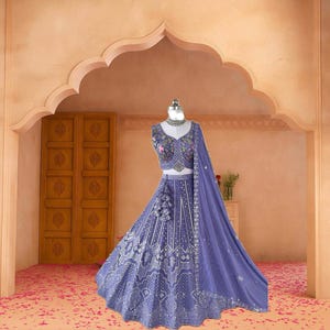 Purple Georgette Lehenga Choli | Party Wear Embroidered Sequence Lehenga | Wedding & Engagement Outfit | Semi Stitched Indian Ethnic Dress