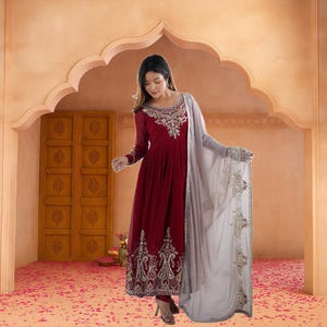Maroon Anarkali Gown with Dupatta | Heavy Georgette Embroidered Floor Length Dress | Indian Wedding Guest Outfit | Ready to Wear Party Wear