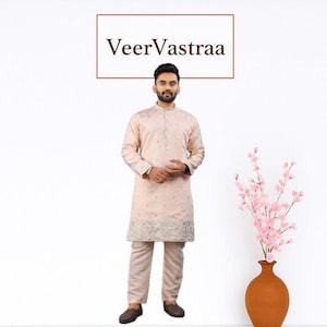 Peach Embroidered Kurta Pajama Set for Men | Russian Silk Festive Wear | Haldi, Wedding, Eid Outfit Ready to wear Kurta set for wedding