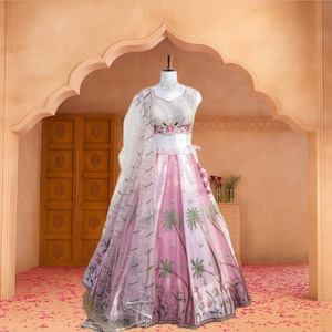 Pink Embroidered Lehenga Choli Set: Palm Tree Wedding Outfit