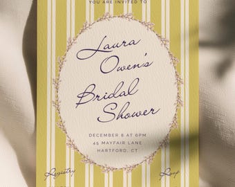 Mustard Yellow Bridal Shower Invitation, Retro Striped Floral Design, Colorful Vintage Bridal Brunch, Editable Canva Template (Digital)