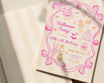 Halloween Birthday Invitation Pink Orange Bow Digital, Whimsical Girl Party Invite, Spooky Kids Halloween Birthday, Editable Canva Template