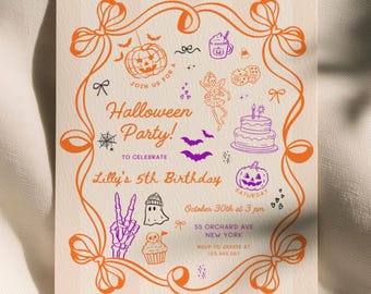 Halloween Party Invitation Digital, Whimsical Girl Bow Ghost Party Invite, Whimsical Colorful Spooky Kids Birthday, Editable Canva Template