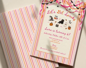 Halloween Birthday Invitation Pink Orange Digital, Whimsical Girl Party Invite, Cool Colorful Spooky Kids Birthday, Editable Canva Template