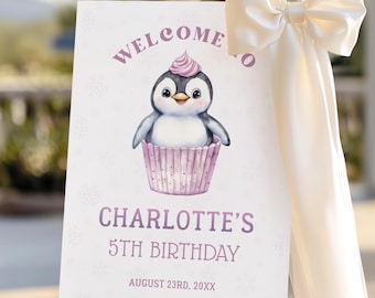 Penguin Birthday Welcome Sign Poster, Editable Pink Penguin Girl Party Poster Sign, Kids Animal Theme Birthday Party | Instant Download