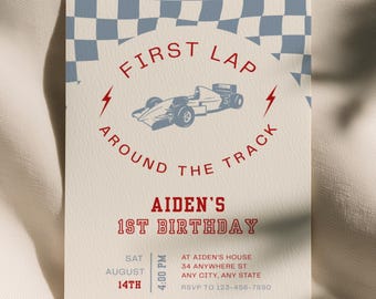 Racing Car Birthday Invitation, First Lap Around the Track Evite, 1st Birthday Boy Theme Invite, Editable Canva Template (5x7")