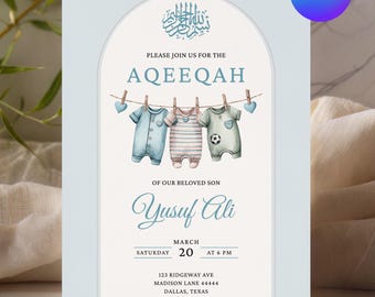 Invitación de Aqiqah para baby shower musulmán / Aqiqah para bebé niño / Video digital azul de invitación de Aqiqah, plantilla editable de Canva (13 x 18 cm)