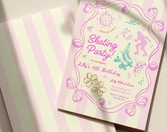 Roller Skate Birthday Invitation Template, Hand-Drawn Invite, Let’s Roll Retro Daisy Skating Party Invite for Girls | Canva Instant Download