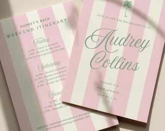 Beach Bachelorette Weekend Invitation and Itinerary | Pink Bachelorette Invitation Bunde | Seaside Girls Trip | Preppy Striped Bach Suite