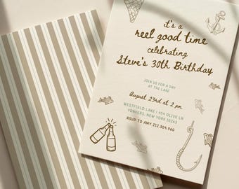 Fishing Birthday Invitation Digital, Adult Fishing Party Invitation, Editable Canva Template, Digital Download (5x7")