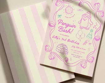 Penguin Birthday Invitation Digital, Editable Pink Penguin Girls Party Invitation, Kids Animal Theme Birthday Party | Canva Instant Download