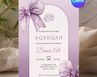 Video de invitación a Aqiqah, invitación a baby shower musulmán / Aqiqah para niña / Plantilla editable de Canva para invitación digital morada a Aqiqah (5x7")