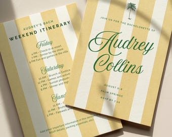 Beach Bachelorette Weekend Invitation and Itinerary | Yellow Green Bach Invitation | Seaside Girls Trip | Preppy Striped Bach Suite Bundle